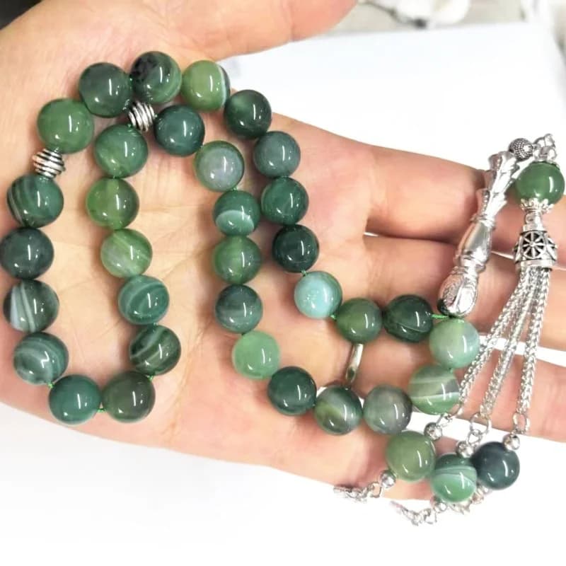 33pcs10mm blue agate beads natural stone material Muslim rosary daily bracelet TASBIH, Middle East high-end worship prayer brace - 5
