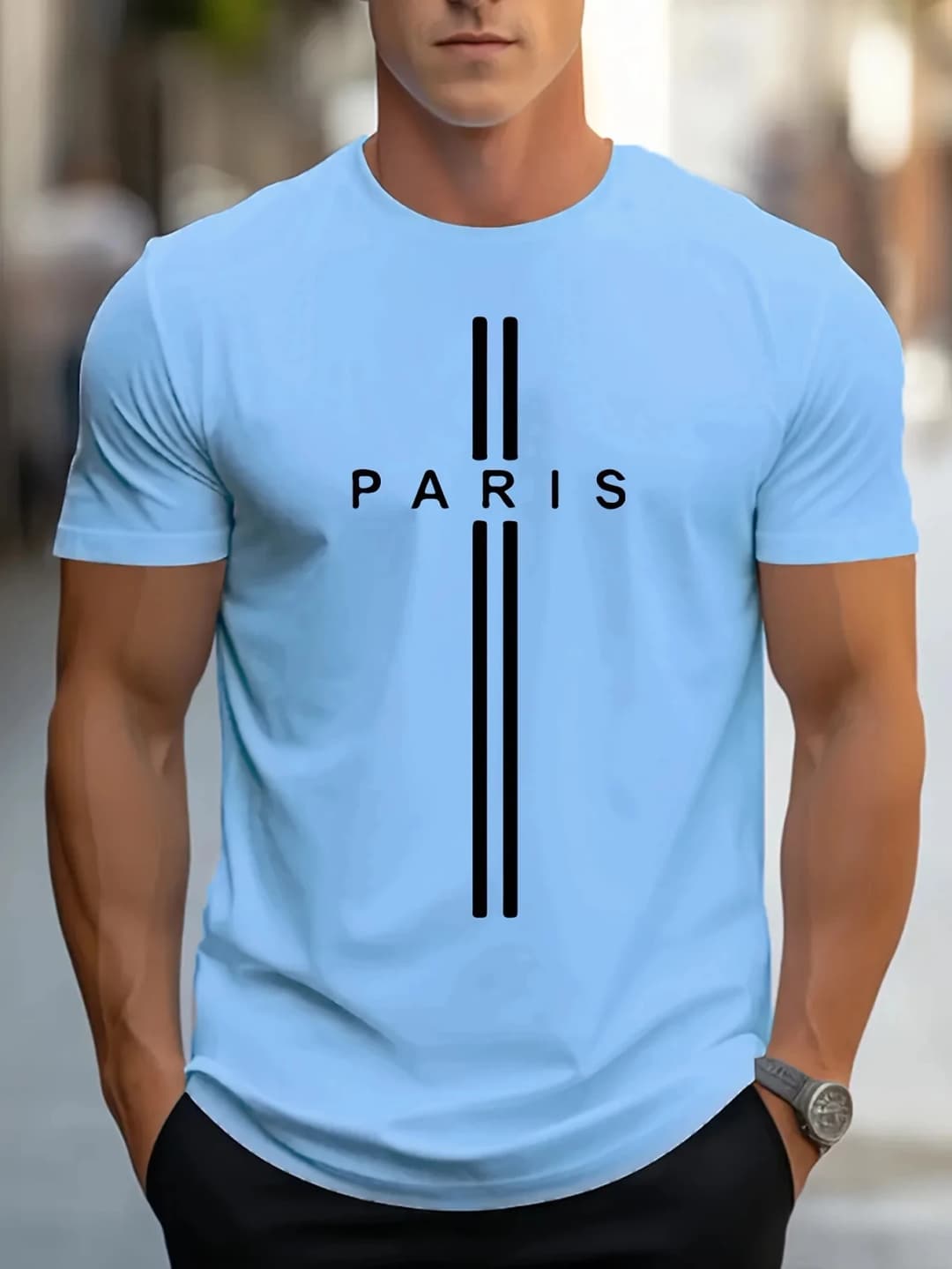 3D printed men's loose summer T-shirt, Paris printed round neck casual tight T-shirt, short sleeved T-shirt