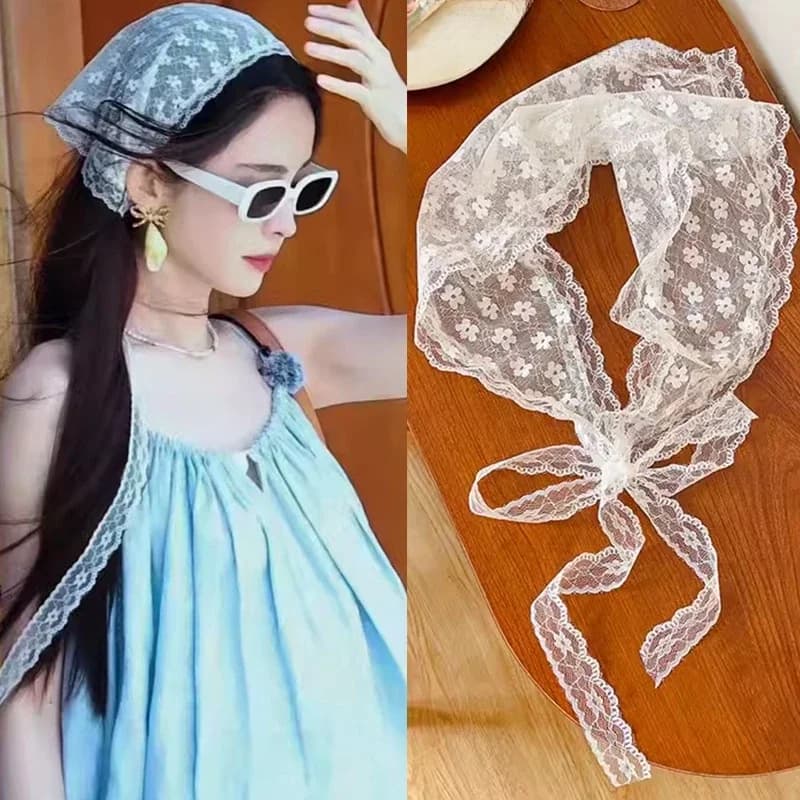 Women French Country Style Lace Mesh Triangle Scarf Spring Summer Floral Hair Scarf Elegant Headwrap Bohemian Hair Accessories - 6