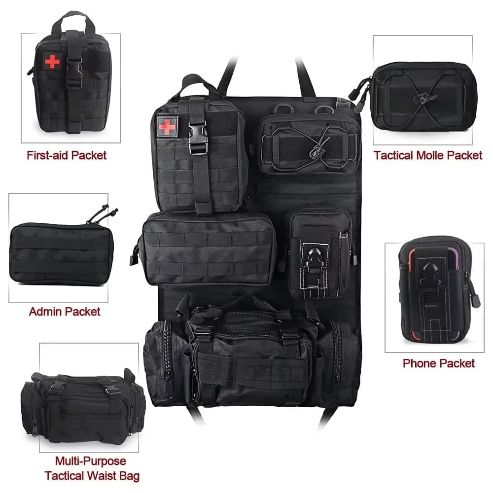 Universal Car Storage Bag, Rear Seat Tactical Storage Bag with 5 Molle Pouch Vehicle Molle Panel Organizer,Hanging Bag Fits - 6