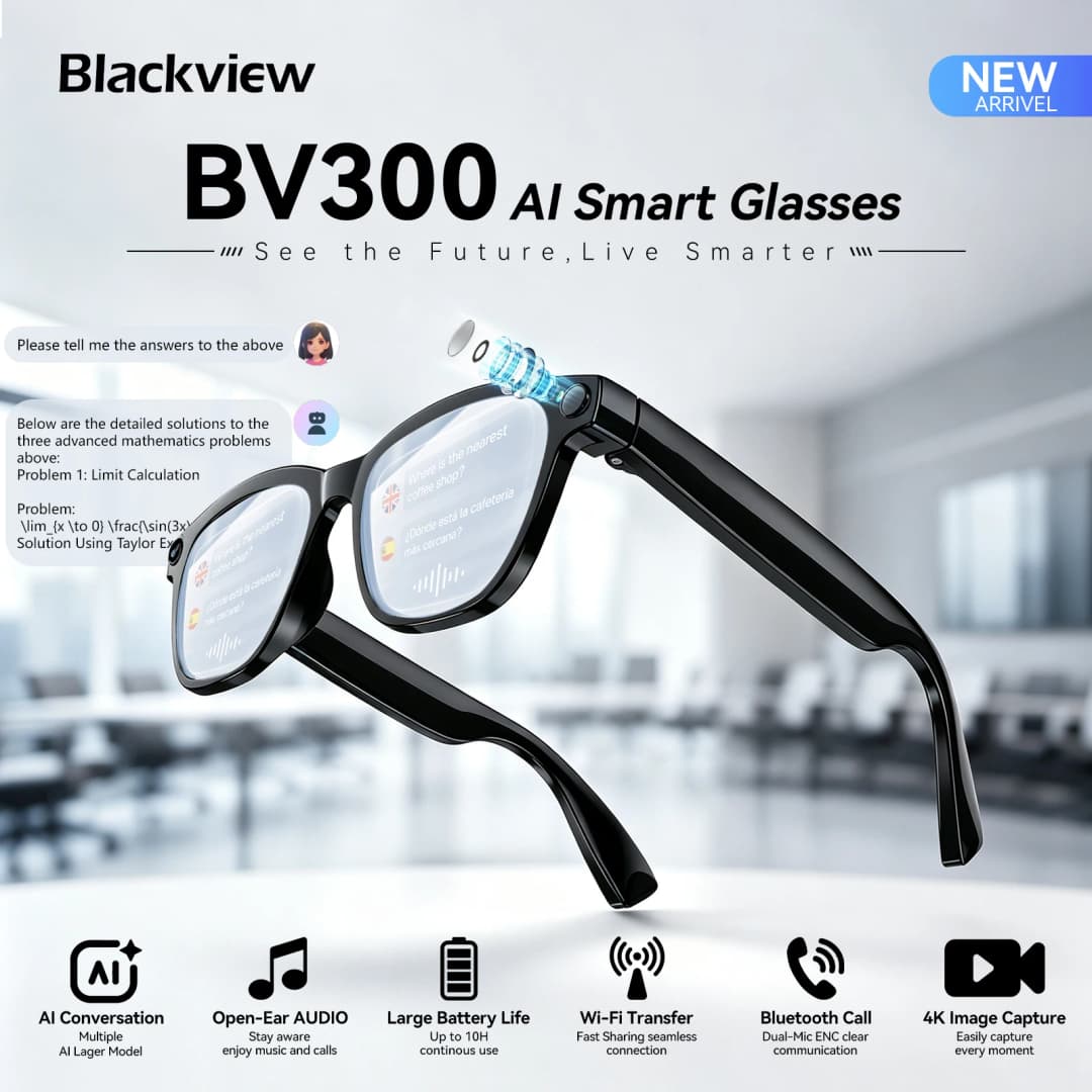 Blackview 2026 New BV300 AI Smart Glasses 8MP 4K Camera AI Translation Men Casual Sunglasses Bluetooth Call for Travel Office