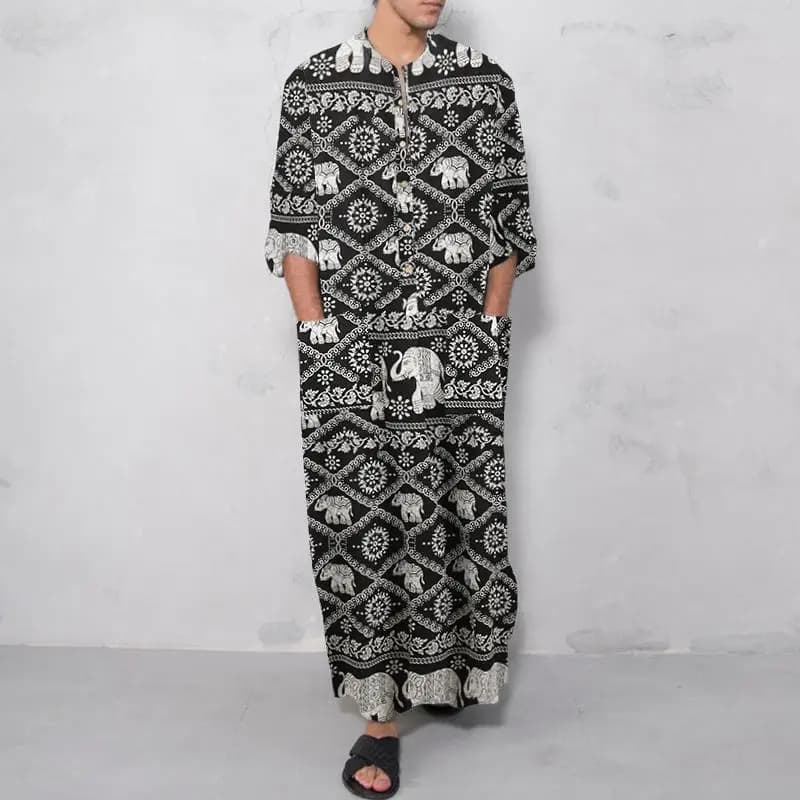 Men's Muslim Long Sleeve Cotton Striped Robes Islamic Arabian Kaftan Suit Middle East Dubai Abaya Retro Spring Clothing 2025 New - 5