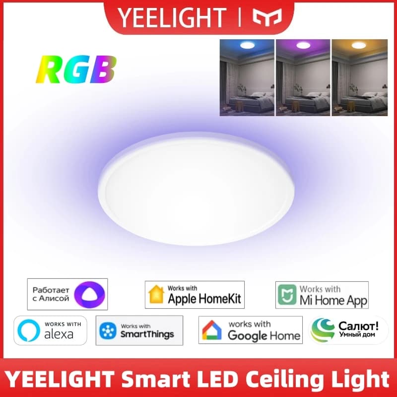 مصباح سقف ييليت الذكي LED RGB فائق النحافة إضاءة محيطة تحكم صوتي واي فاي 6500K متوافق مع هوم كيت منزل مي جوجل