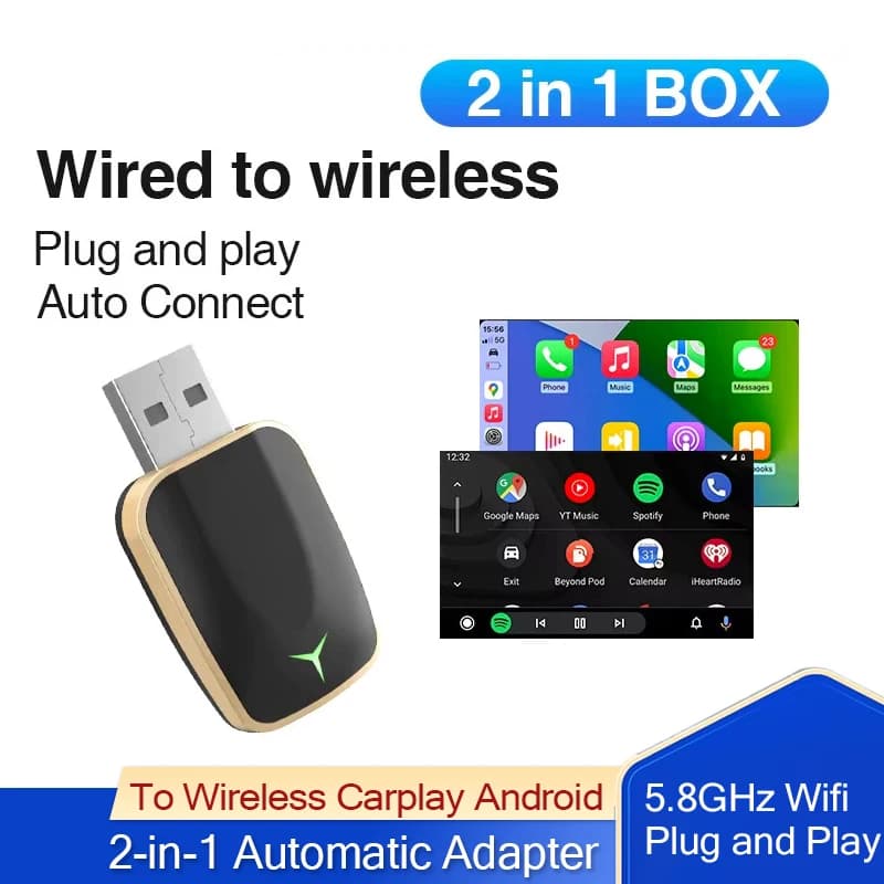 Wired To Wireless Carplay Android 2-in-1 Automatic Adapter Car Gadget Smart Box 5.8GHz Wifi  Plug and Play OTA Update Universal