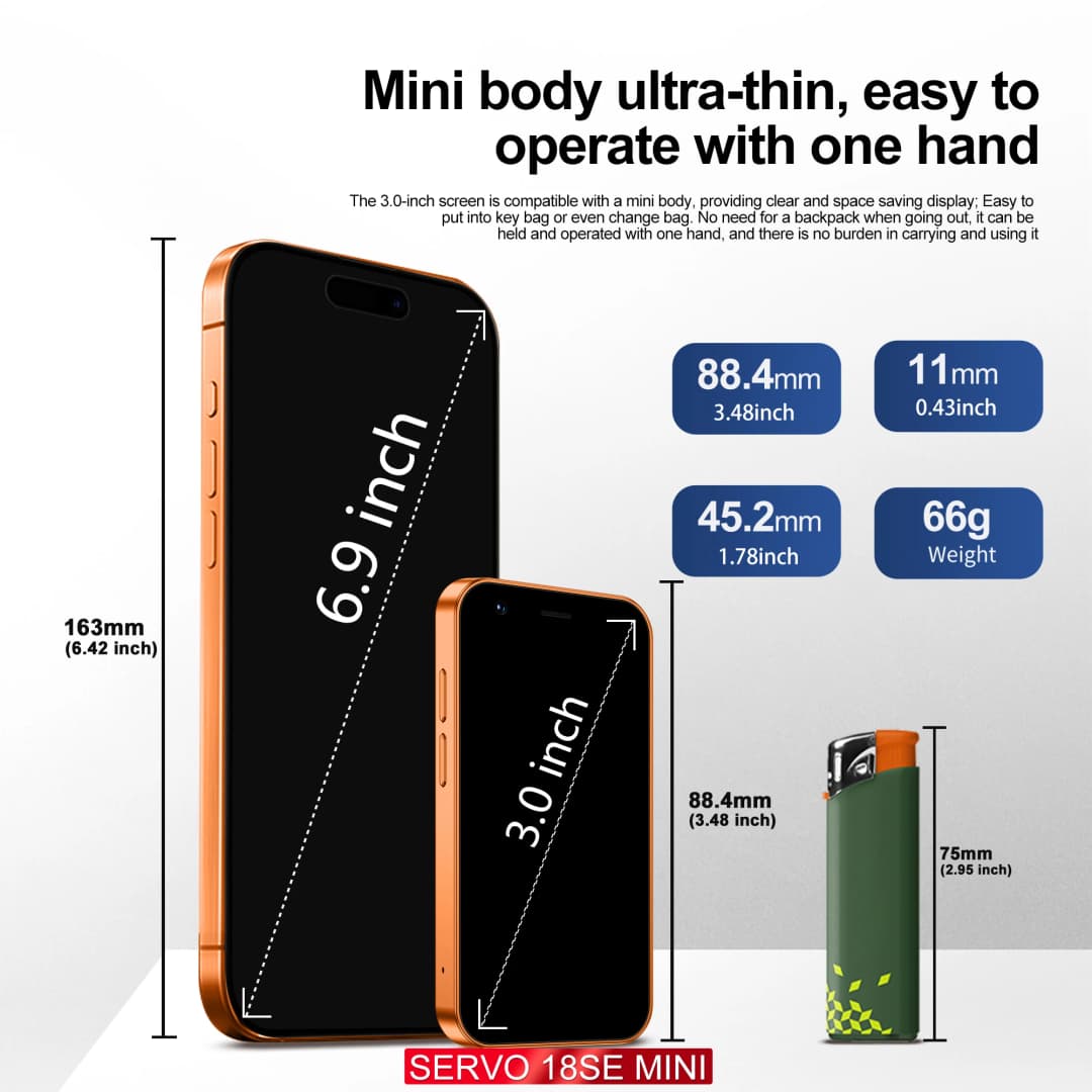 هاتف ذكي صغير SERVO 18SE MINI، أندرويد، 3G WCDMA، بطاقتي SIM، 2GB+16GB، متجر Play، Wi-Fi، فتح الوجه، شاشة 3.0 بوصة - 3