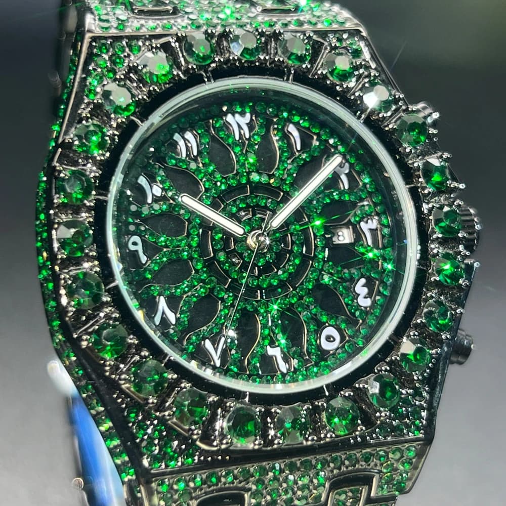 MISSFOX Hip Hop Wristwatch For Men Luxury lce Out Full Diamond Watches Fashion Green Watch Wterproof Week Display Clock 2025 - 5