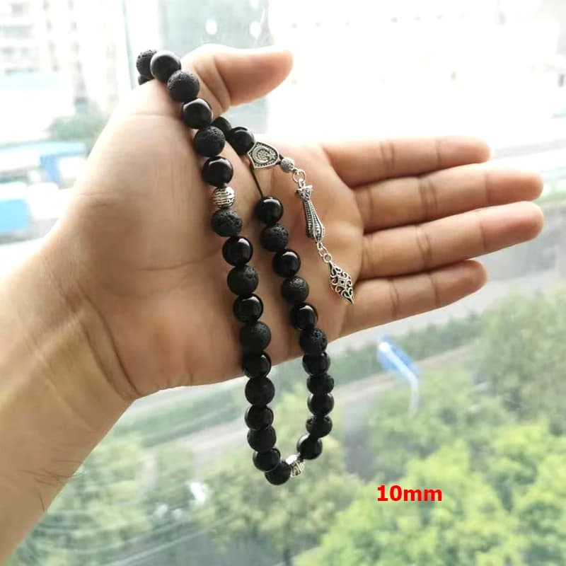 سبحة رجالي من حجر اللافا مع العقيق الأسود على الطراز التركي سوار خرزات صلاة إسلامية هدية رمضان والعيد مسابيح رجالي - 5