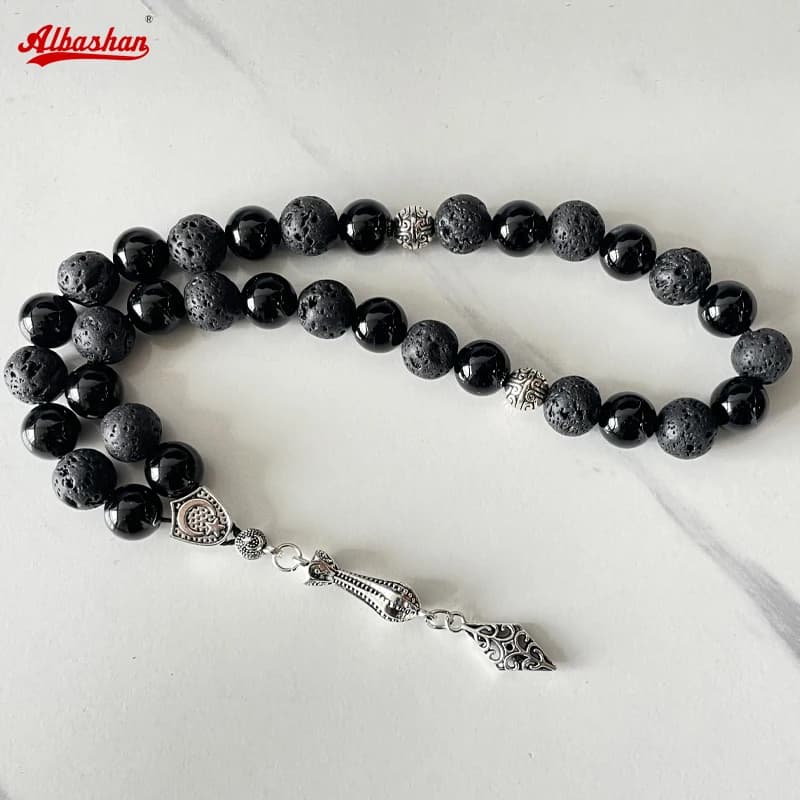 سبحة رجالي من حجر اللافا مع العقيق الأسود على الطراز التركي سوار خرزات صلاة إسلامية هدية رمضان والعيد مسابيح رجالي