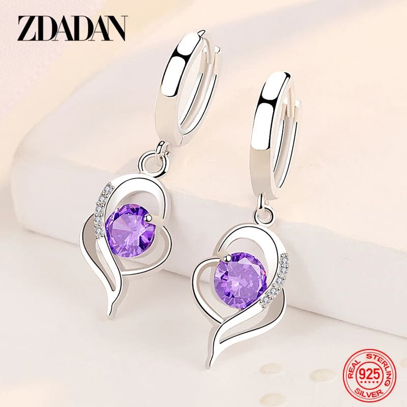 ZDADAN 925 Sterling Silver Heart Shaped Amethyst Earrings For Women Wedding Fashion Gift