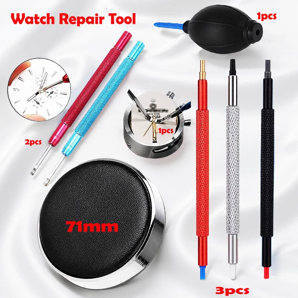 مجموعة إصلاح الساعات، تشمل منفاخ مطاطي، وسادات حماية من الغبار، قلم إبرة، فرشاة تنظيف، أدوات صيانة