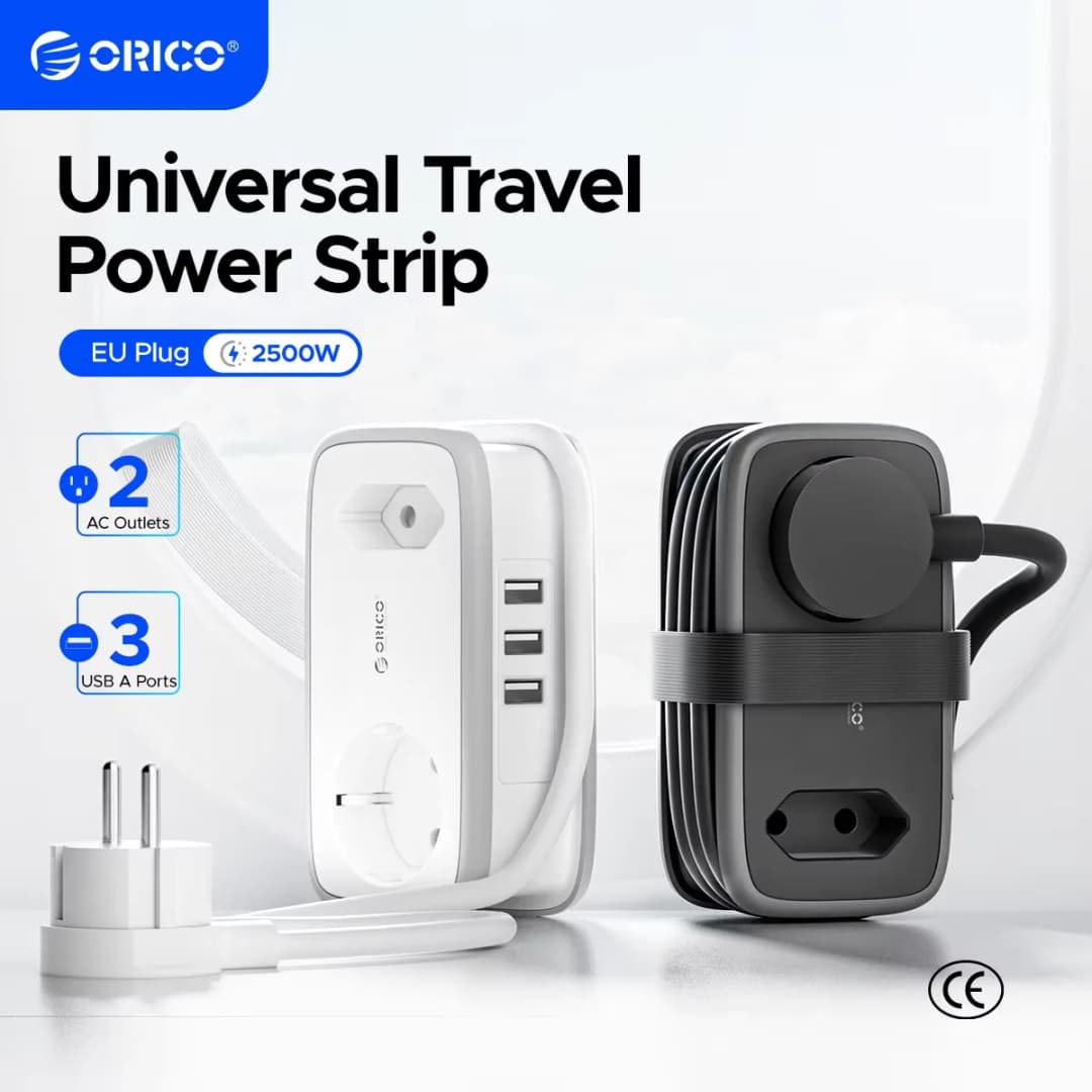 شريط طاقة ORICO بقابس EU مع 2 منفذ AC و3 منافذ USB وكابل تمديد 1.1 متر