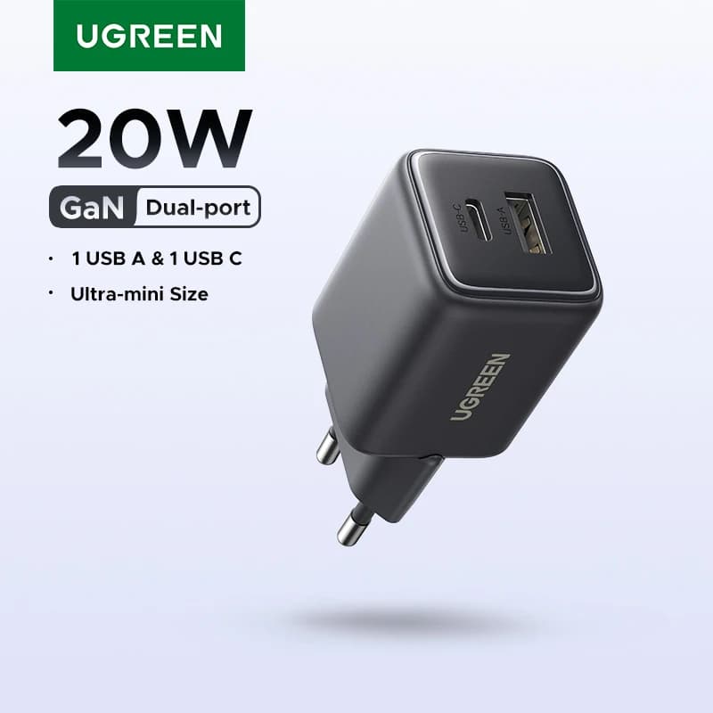 شاحن UGREEN 20 واط GaN صغير USB C شاحن هاتف PD3.0 QC3.0 لـ iPhone 17 16 15 Pro Max Samsung S25 Xiaomi Tablet iPad Air Pro