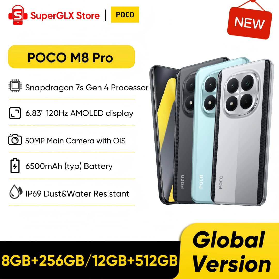 2026 أحدث هاتف POCO M8 Pro نسخة عالمية 5G سنابدراجون 7s الجيل 4 شاشة 6.83 بوصة 120 هرتز 50 ميجابكسل 6500 مللي أمبير 100 واط شحن فائق NFC