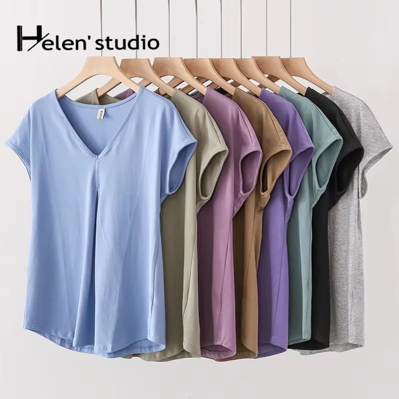 Women’s Cotton V-neck T-Shirts Loose Casual Summer Yellow Plus Size Tees